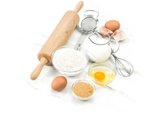 Food ingredients eggs flour sugar milk Kitchen tools Dough preparation