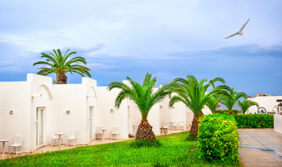 Fototapeta na wymiar Hotel with bungalows on green lawn under palm trees