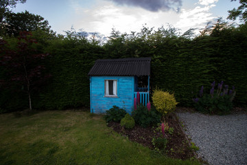 Fototapeta na wymiar a blue garden shed with colorful flowers and green grass in scotland