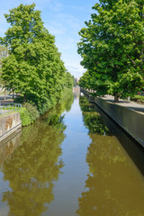 Canal with reflection of trees, housesin background in the Hague, the Netherlands