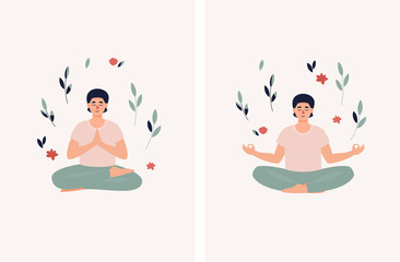 Set of vector brunet man sitting in lotus position on the light background with leaves and flowers