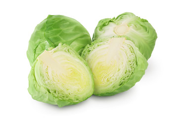 Fototapeta premium Green cabbage with half isolated on white background with clipping path and full depth of field.