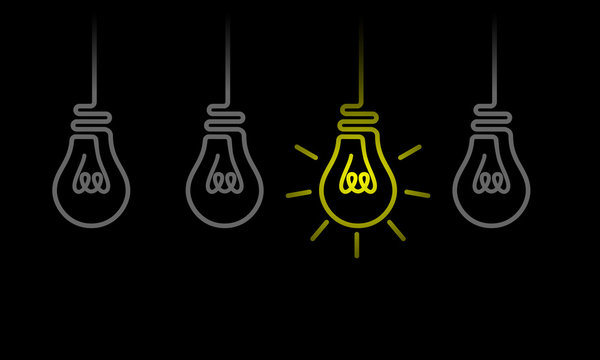 Set of hanging light bulbs from the ceiling with one glowing. Flat vector light bulb icons with concept of idea