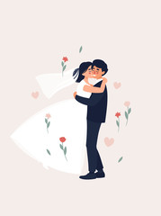 Vector illustration of dark-haired bride and groom kissing and cuddling