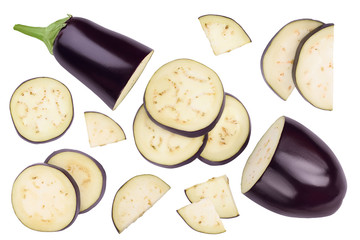 Eggplant or aubergine with slices isolated on white background. Clipping path and full depth of field. top, view, flat lay