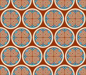 Abstract seamless pattern with geometric ornament. Stock vector illustration. Colored round decorative elements on a background. Ideas for design backgrounds, cards, printed, packaging, textile, etc.