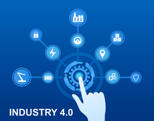 Infographics Industry 4.0 Concept. Modern approaches and technologies. Internet of Things. Instruments in production Cyber factory on blue background Artificial Neural Network Flat Vector Illustration