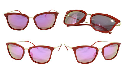 Set Summer Sun glasses of red plastic with polarized gradient isolated on white background....