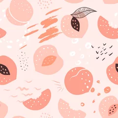 Fotobehang  Doodle peach and abstract elements. Vector seamless pattern. Hand drawn illustrations. © Rina Oshi