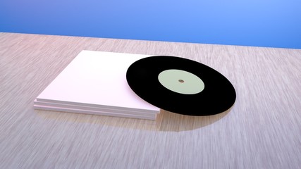 Black Vinyl Disc Mock Up. Label Isolated on Blue Background. 3D Render.