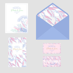 Naklejka na ściany i meble Wedding cards floral design. Rsvp, menu, table number thank you, save the date guest card & label set. palm leaves