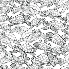Seamless pattern with sea turtles. Mom and baby. Antistress for children and adults, relax. Inhabitants of the ocean, animals with shell. Design of a book, textile, wallpaper. Isolate on white. 