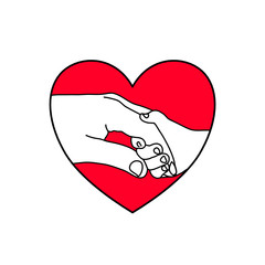 hand of child is gentle holding the finger of the dad with love and happy in the red heart shape. Family stay together. Holiday spending time. love and give concept.