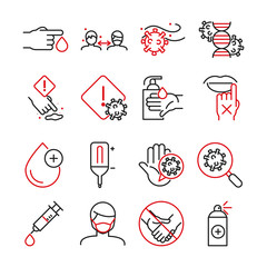Medical care and covid 19 virus line bicolor style icon set vector design