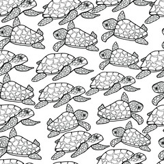 Seamless pattern with sea turtles. Mom and baby. Antistress for children and adults, relax. Inhabitants of the ocean, animals with shell. Design of a book, textile, wallpaper. Isolate on white. 