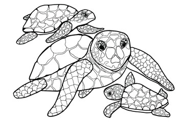 Coloring book with sea turtles. Mom and baby. Design for children and adults. Inhabitants of the ocean, animals with shell. For clothes, tattoos, packaging, textiles, books. Isolate on white.