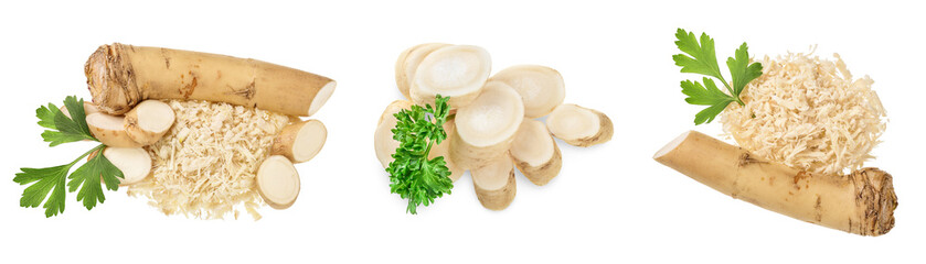 Horseradish root with slices and parsley isolated on white background. Set or collection
