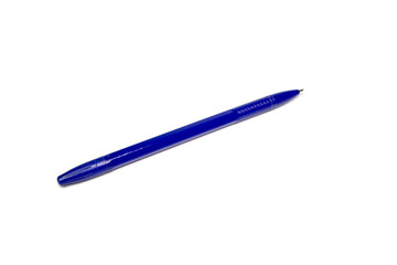 the blue clerical ballpoint pen for the letter rests on a white background.