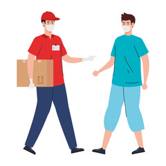 delivery of goods during the prevention of coronavirus, courier worker using face mask and customer vector illustration design