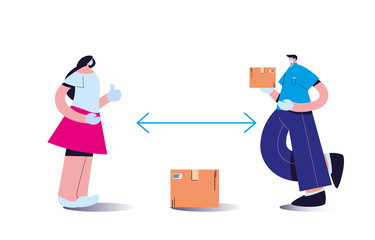 couple wearing face masks delivering packages with distance rules