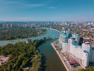 Russioa, Krasnodar cityscape and Kuban river from aerial view. Krasnodar region, Russia - obrazy, fototapety, plakaty