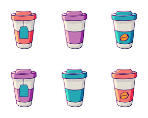 Vector set of drinks - takeaway coffee, tea, latte, espresso, cappuccino. Cartoon icons for a cafe, coffee shop, coffeehouse, bakery.