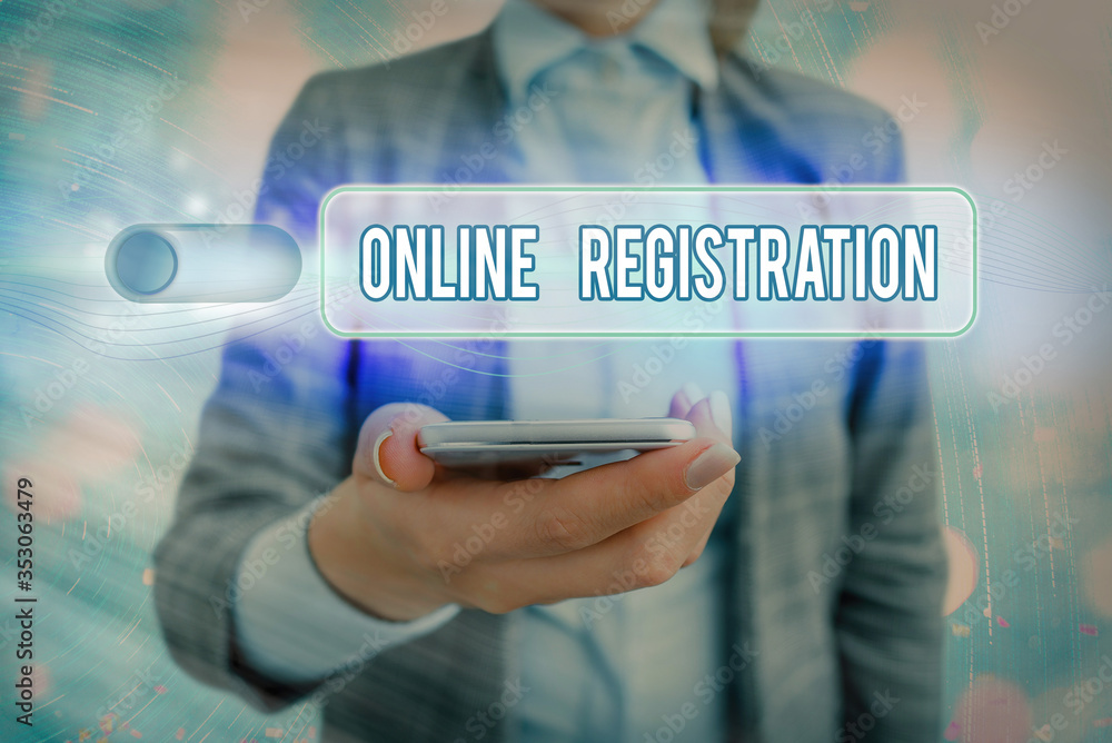 Poster text sign showing online registration. business photo showcasing system for subscribing or registeri