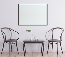 Mock up poster frame in Scandinavian style interior. Minimalist interior design. 3D illustration. 3D render