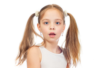 Young cute bemused puzzled girl with grey blue eyes and two hair tails isolated on white background