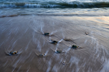 an evening view of a calm sea with rocks on a beach.