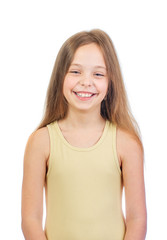 Young cute laughing girl with long light brown hair isolated on white background - 353064603