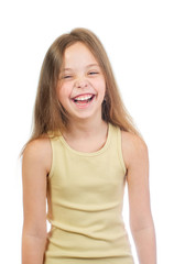 Young cute laughing girl with long light brown hair isolated on white background - 353064635