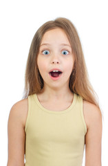 Young cute girl with grey blue eyes and long light brown hair surprised isolated on white background