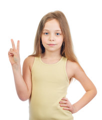 Young cute girl with long light brown hair shows victory sign isolated on white background - 353064688