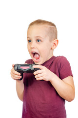 Young excited handsome caucasian boy plays computer games with joystick isolated on white background - 353064832