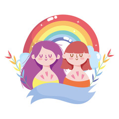 girls cartoons with lgtbi rainbow vector design