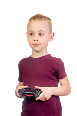 Young handsome caucasian boy plays computer games with joystick isolated on white background - 353064850