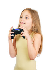 Young scared cute girl with grey blue eyes and long light brown hair plays computer game with joystick isolated on white background - 353064883