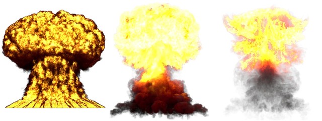 3D illustration of explosion - 3 large highly detailed different phases mushroom cloud explosion of nuclear bomb with smoke and fire isolated on white