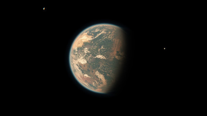 Habitable Earth Like Planet with Large Land Mass and Two Moons in Space - Livable Exoplanet with Dual Moons Orbiting Red Dwarf System | Alien Life in Universe - 3D Rendering
