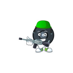 Obraz na płótnie Canvas A mascot design picture of music viynl disc as a dedicated Army using automatic gun