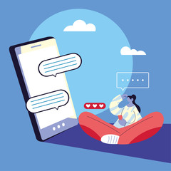 woman with smartphone chatting, chat bubble