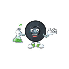 Music viynl disc smart Professor Cartoon character holding glass tube on the lab