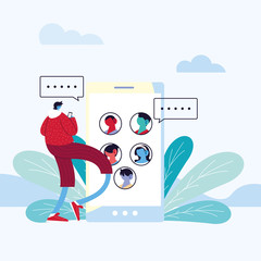 man with smartphone chatting, chat bubble