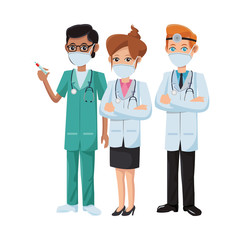 group of doctors using medical masks with vaccine