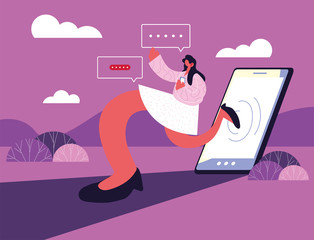 woman with smartphone chatting, chat bubble