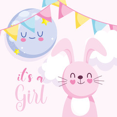 Obraz na płótnie Canvas baby shower rabbit moon bunting celebration, welcome invitation template