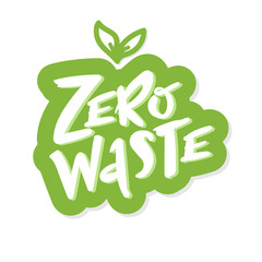 Zero waste handwritten text with green leaves isolated on black background. Zero landfill concept illustration in cartoon style. sticker