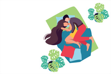 Cute sweet young couple lying in bed and cuddling. Sleep. Night. Characters guy and girl sleeping in bed.