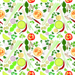The abstract seamless pattern of ingredient herbs for The Popular Thai cuisine  "Tom Yum" soup for background, Gift Wrap ,wallpaper, fabric print, cloth texture, illustration.